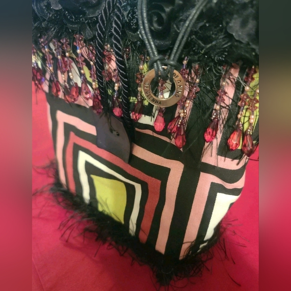 Glenda Sirota One of a Kind Bead & Boa Feather Handmade Colorful Geometric Tote